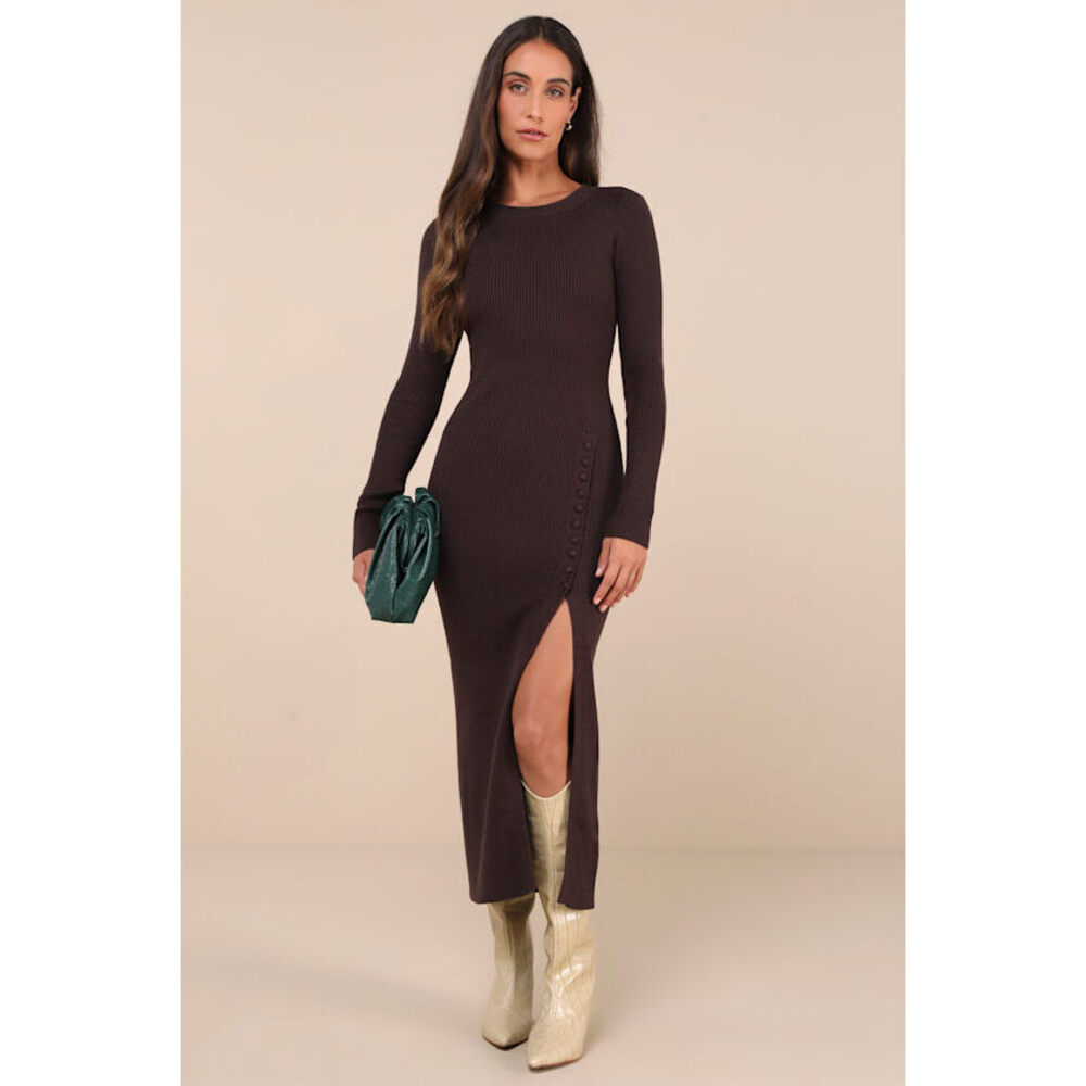 Lulus Refined Attitude Brown Ribbed Side Button Midi Sweater Dress - Size S